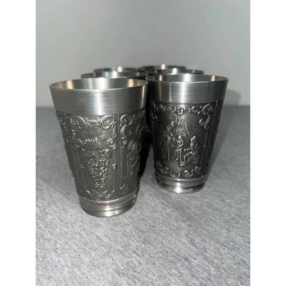 Vintage German Rein‎ Zinn Pewter Cups Set Of 6 Intricate Grape & Medieval Design